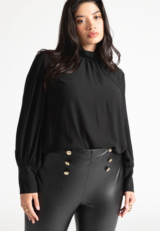 Shirred Mock Neck Blouse, BLACK ONYX, hi-res image number null