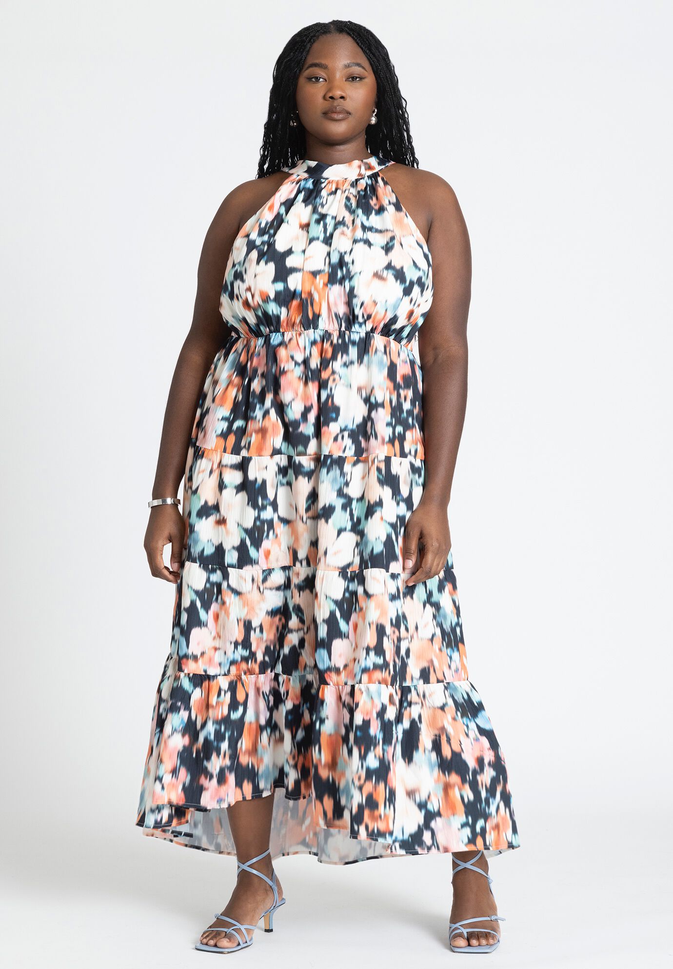 Plus Size Crinkled Tiered Floral Print Polyester Halter Maxi Dress