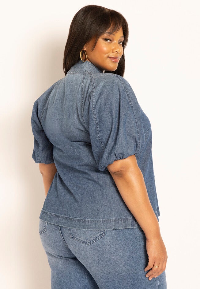 Puff Sleeve Chambray Tie Neck Top, , on-hover image number null