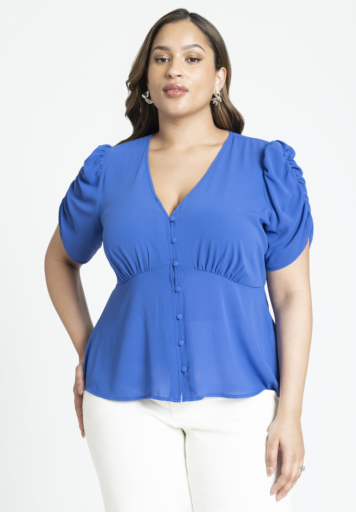 Women Shirred Sleeve Top With Buttons By ( Size 28 )
