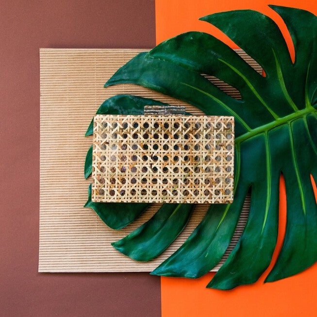 Cane Rattan Acrylic Clutch, BROWN, alternate image number null