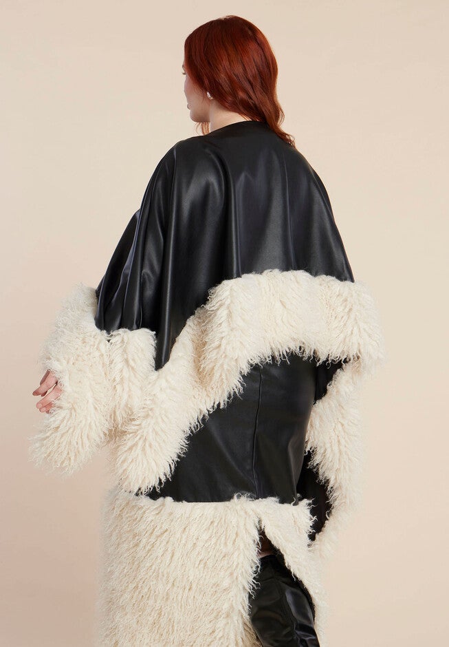 Faux Leather Cape With Faux Fur Trim, BLACK AND CREAM, alternate image number 2