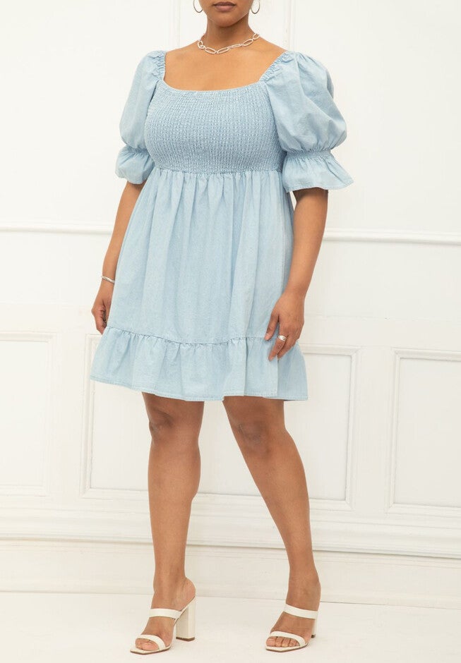 ELOQUII Elements Chambray Puff Sleeve Smocked Bodice Dress, LIGHT WASH, hi-res image number null