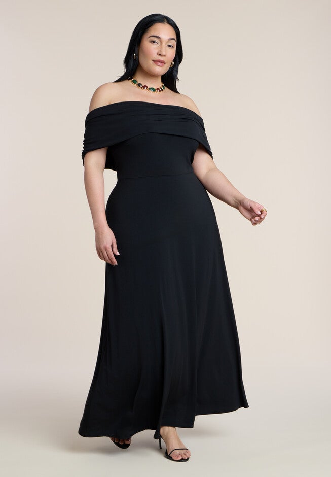 Off Shoulder Maxi Dress - Close Fit Bodice, Black Onyx | ELOQUII Off Shoulder Maxi Dress - Close Fit Bodice, Black Onyx | ELOQUII