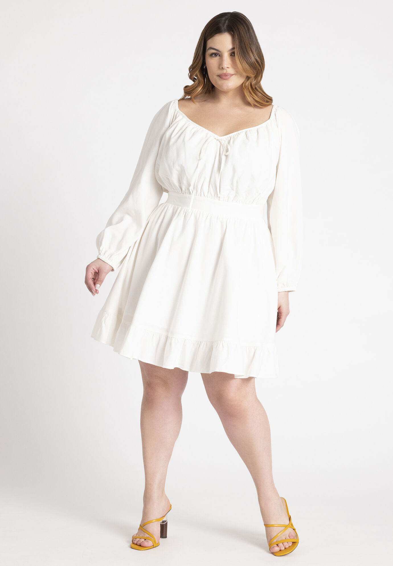 Plus Size Elasticized Waistline Puff Sleeves Sleeves Short Shirred Dress With Pearls