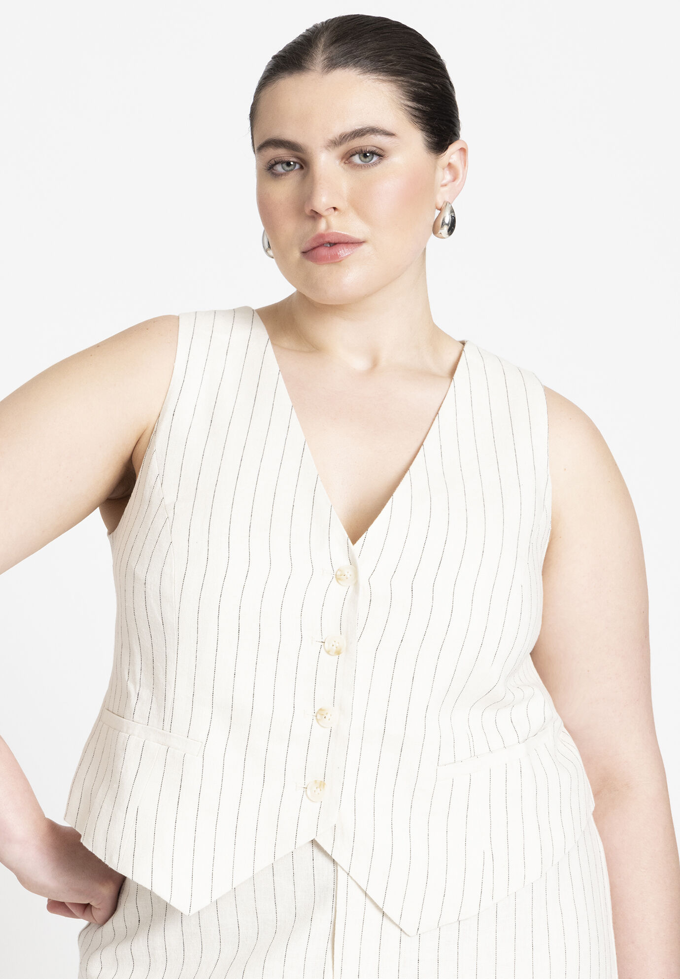 Women Striped Linen Vest By ( Size 14 )