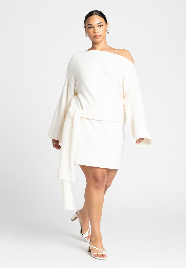 Sweater Mini Dress With Waist Tie, CREAM, on-hover image number null