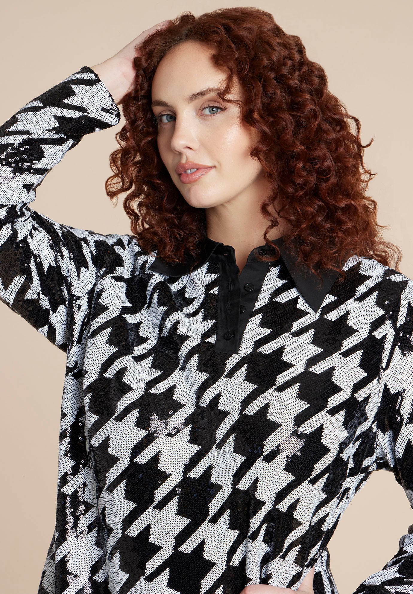  Houndstooth Sequin Mini With Collar, BLACK WHITE HOUNDSTOOTH, alternate image number 3