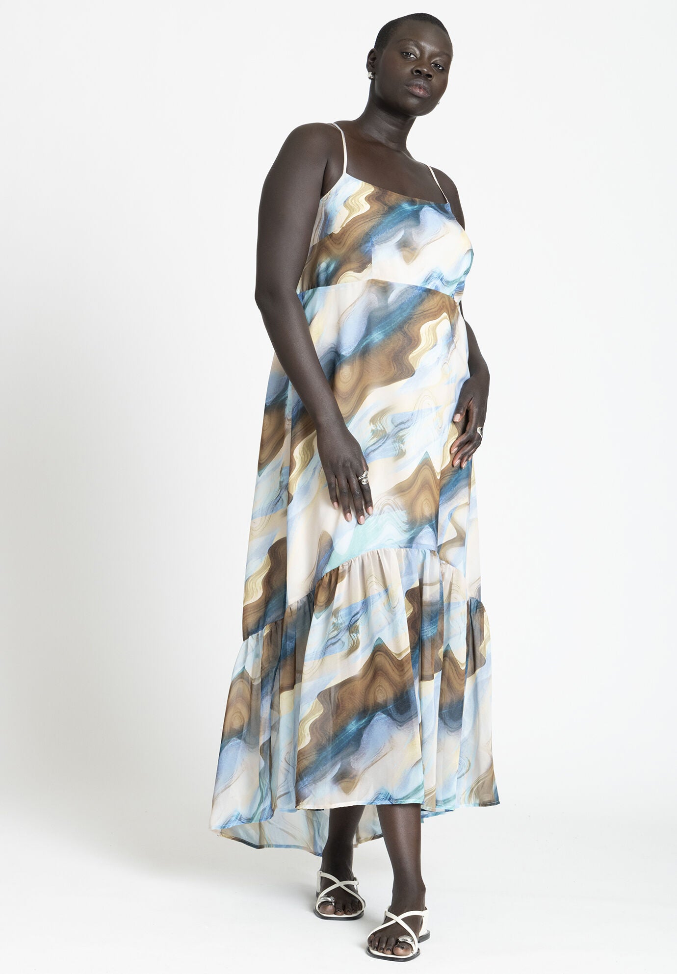Chiffon Flare Maxi Dress Sleeveless Cutout Sand Swirls Eloquii