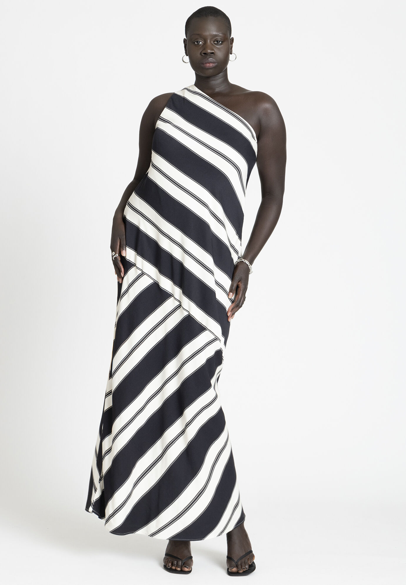 Plus Size Asymmetric One Shoulder Striped Print Maxi Dress