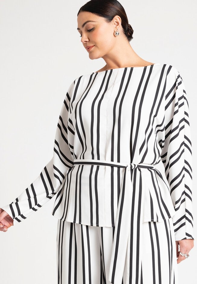 Waist Tie Striped Top, CHARCOAL PINSTRIPE, hi-res image number null