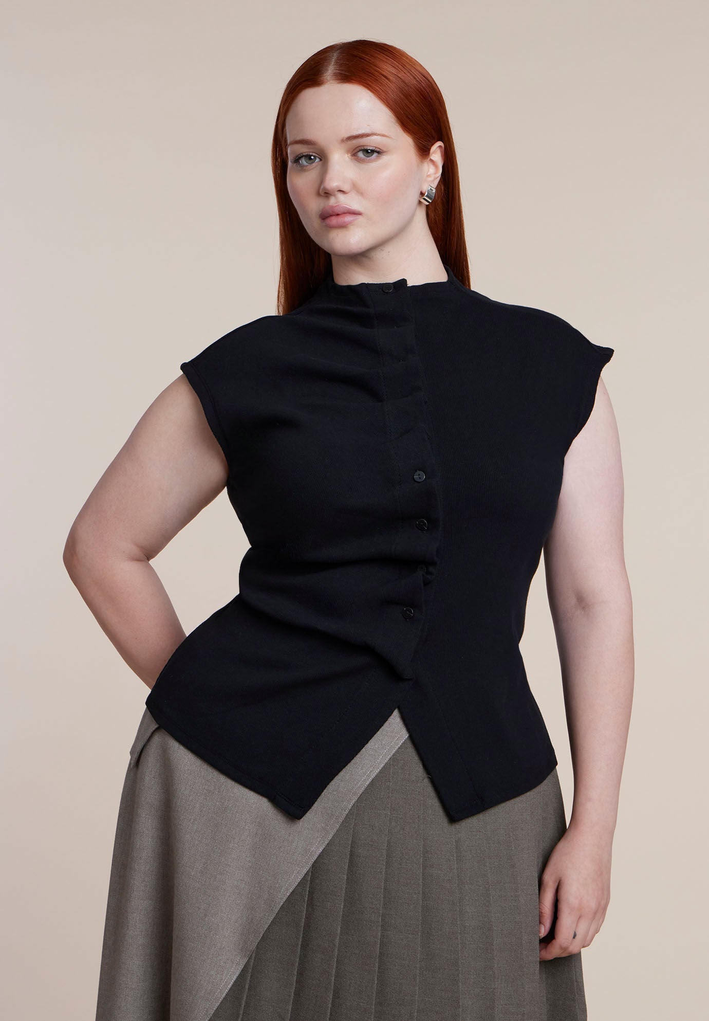 Pleated Button-Front Mock Neck Top