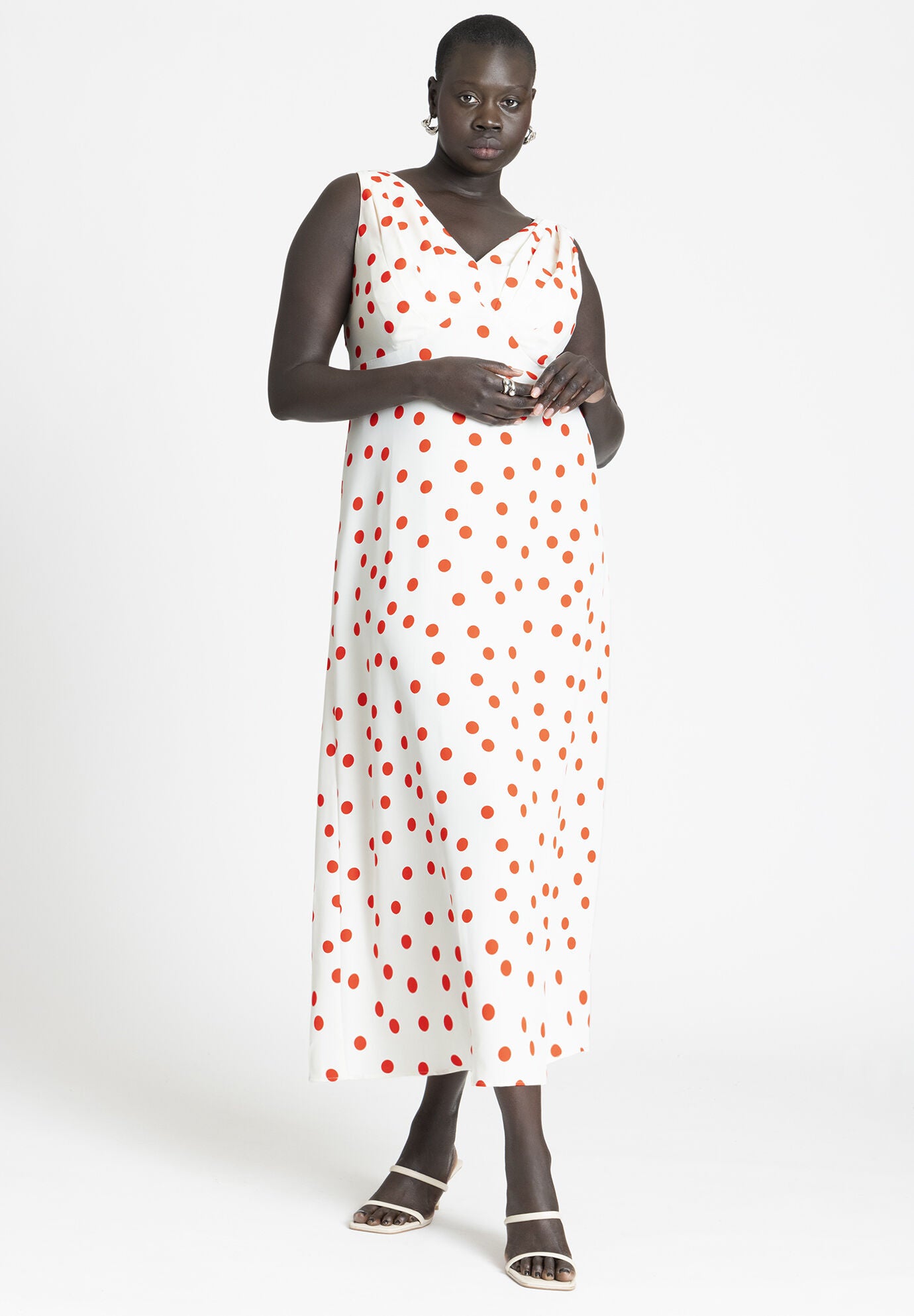 Polka Dot Shirred Maxi Dress V Neck Pleated Sun Gold Dot Eloquii