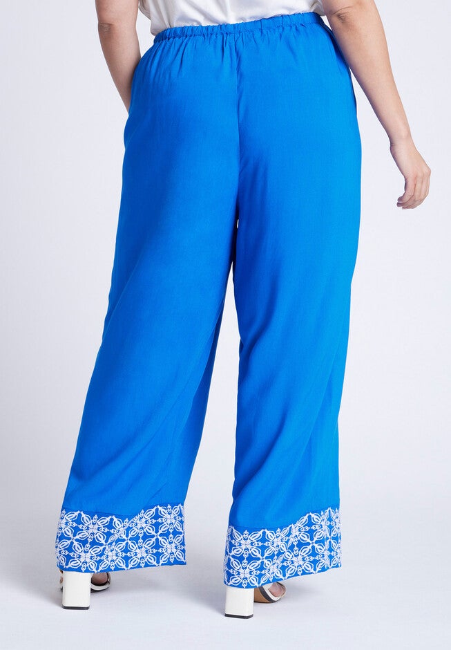 Embroidered Hem Pull On Pant, NAUTICAL BLUE, alternate image number null
