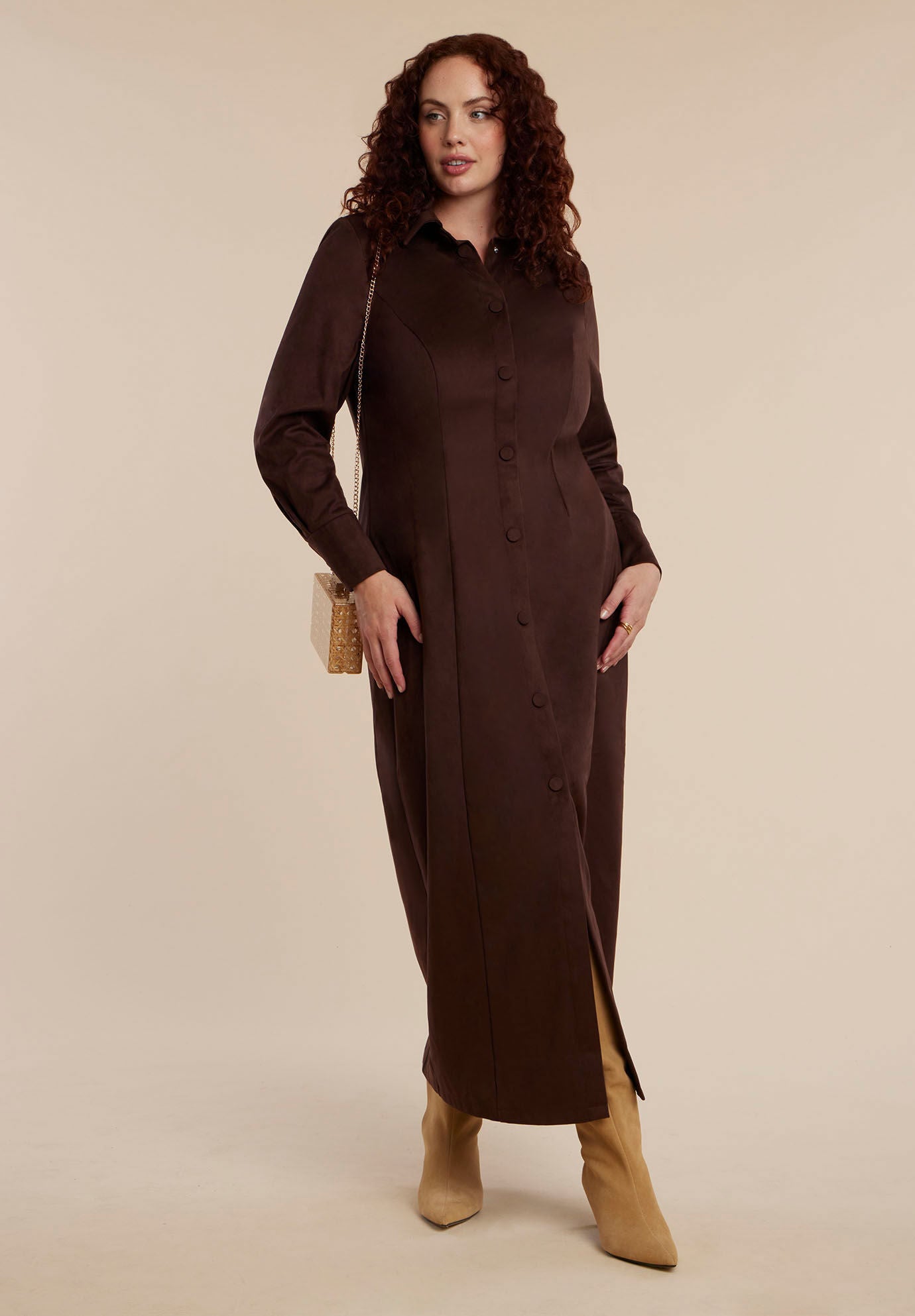 Suede Shirt Dress, CHICORY COFFEE, on-hover image number 1