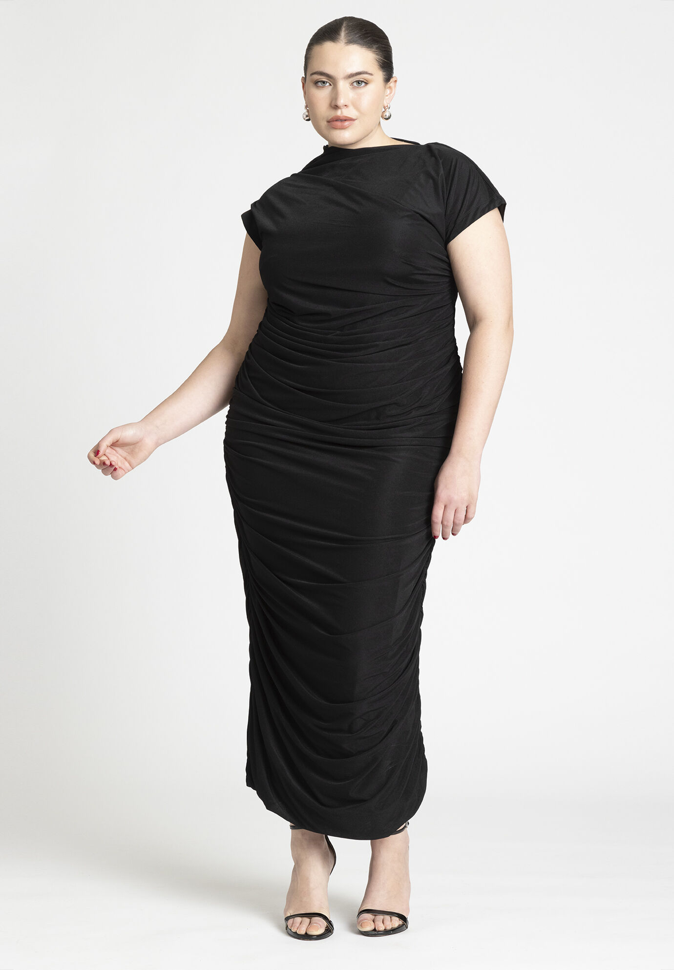 Plus Size Draped Shirred Asymmetric Bodycon Dress