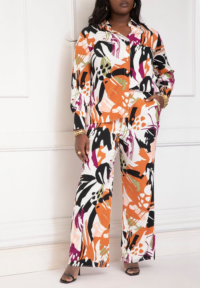 ELOQUII Elements Long Line Printed Button Down Blouse, , alternate image number null