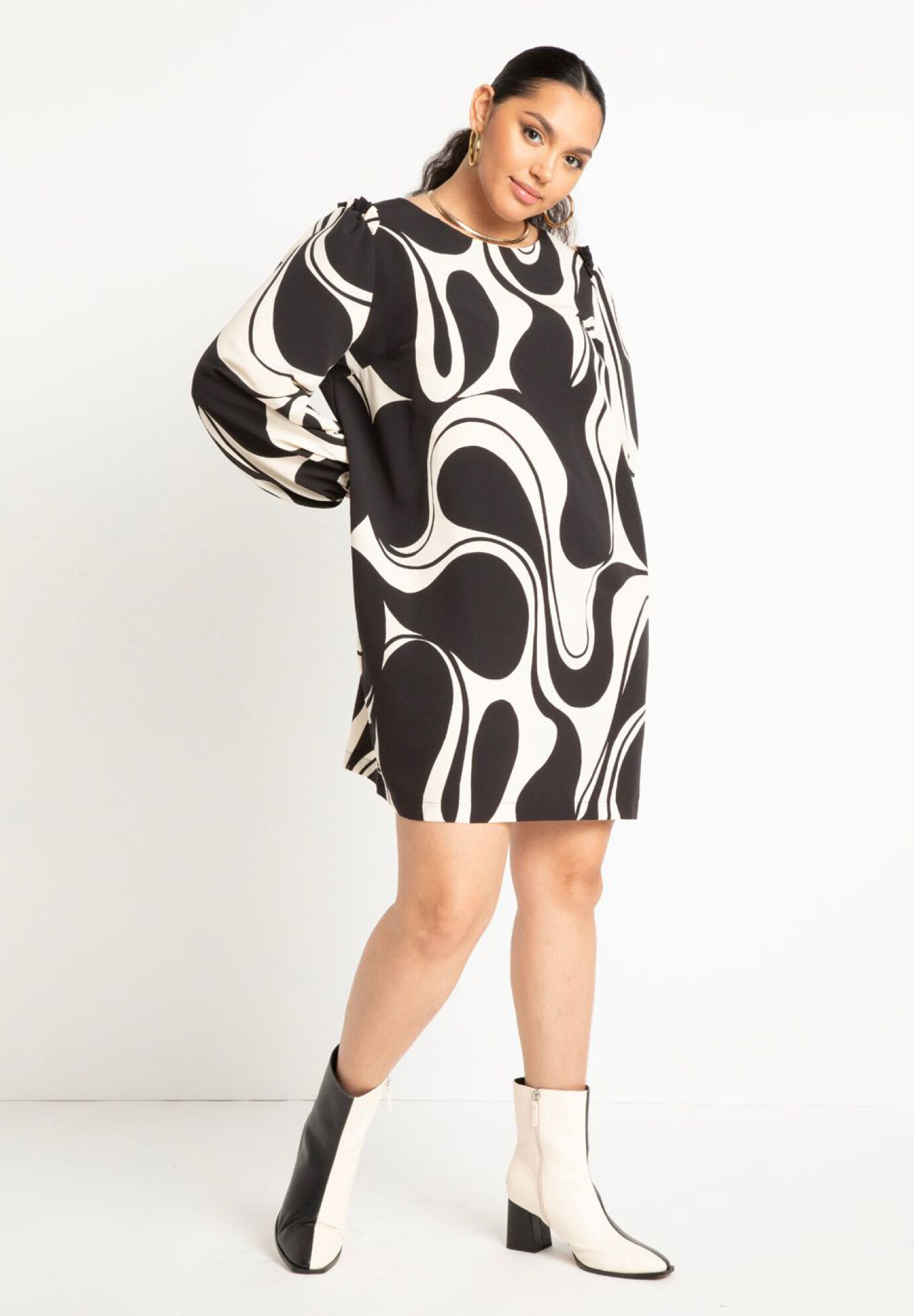 Plus Size Button Closure Puff Sleeves Sleeves Dress With Ruffles