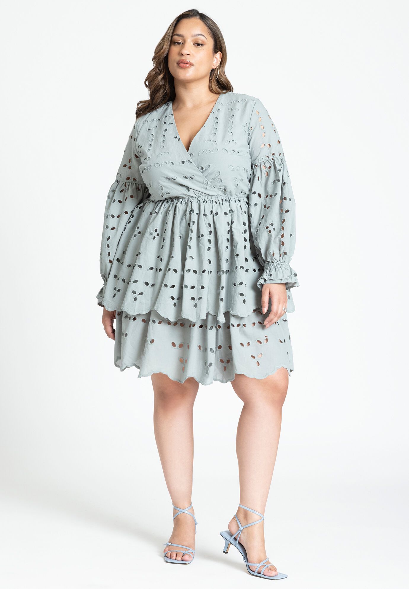 Plus Size V-neck Short Cotton Tiered Puff Sleeves Sleeves Dress