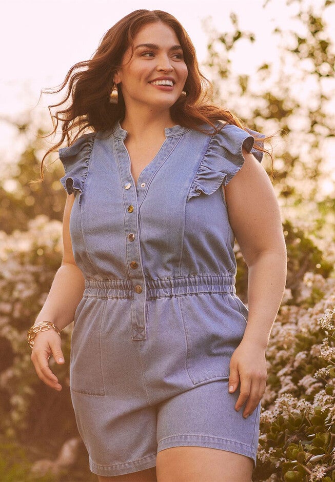 ELOQUII Elements Chambray Flutter Sleeve Romper, LIGHT WASH, hi-res image number null