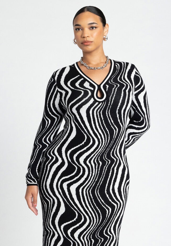 Long Sleeve Keyhole Intarsia Dress, BLURRED ZEBRA, alternate image number null