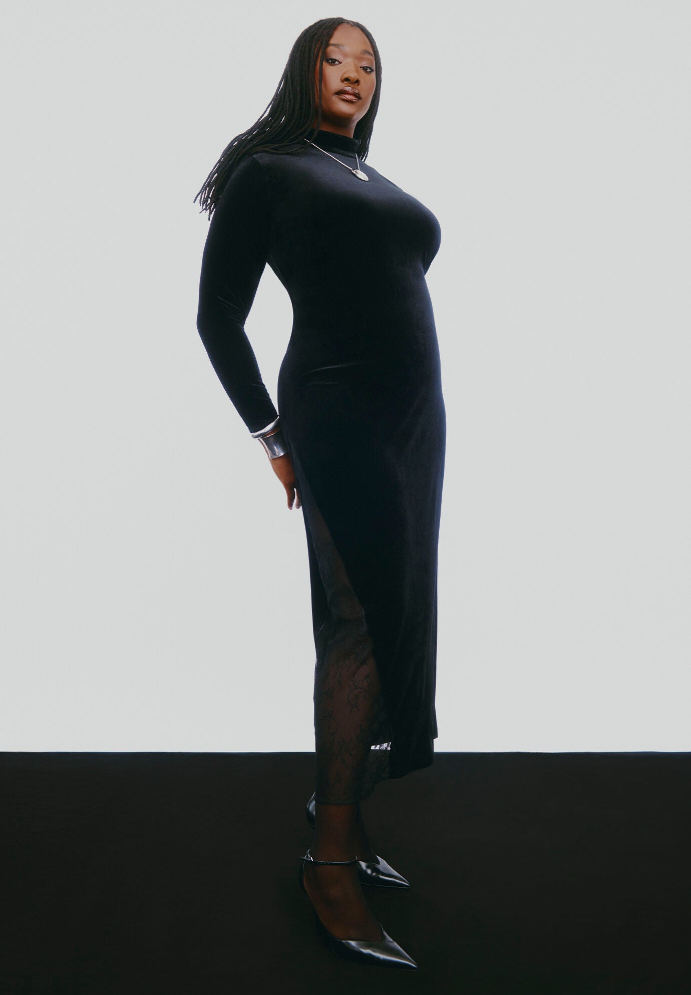 Velvet And Lace Maxi Dress, BLACK ONYX, hi-res image number 0