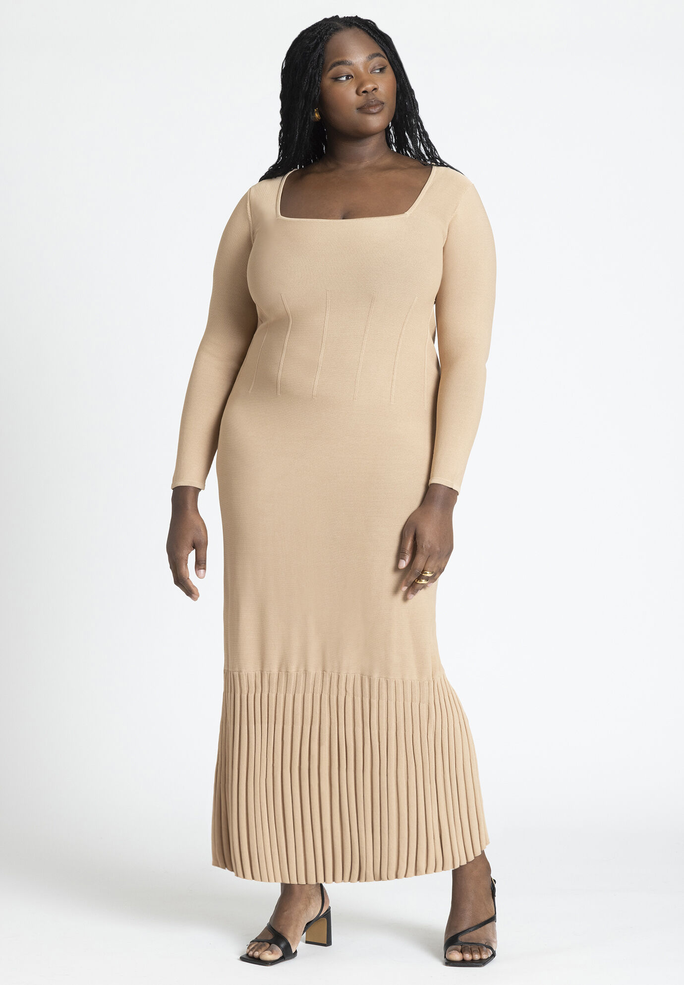 Plus Size Long Sleeves Pleated Fitted Sweater Bodycon Dress/Maxi Dress