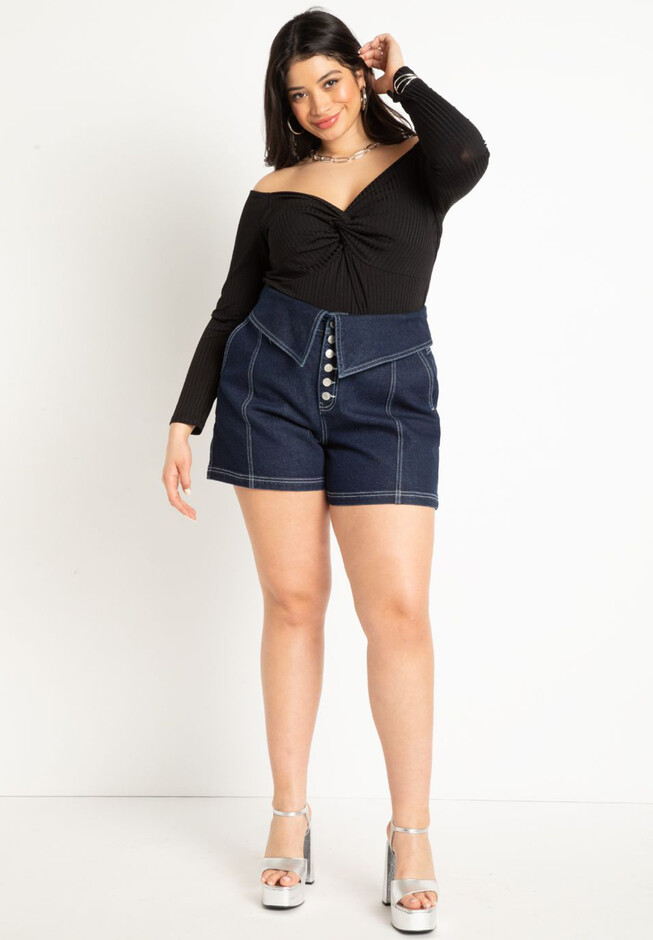 Foldover Waist Short with Button Detail