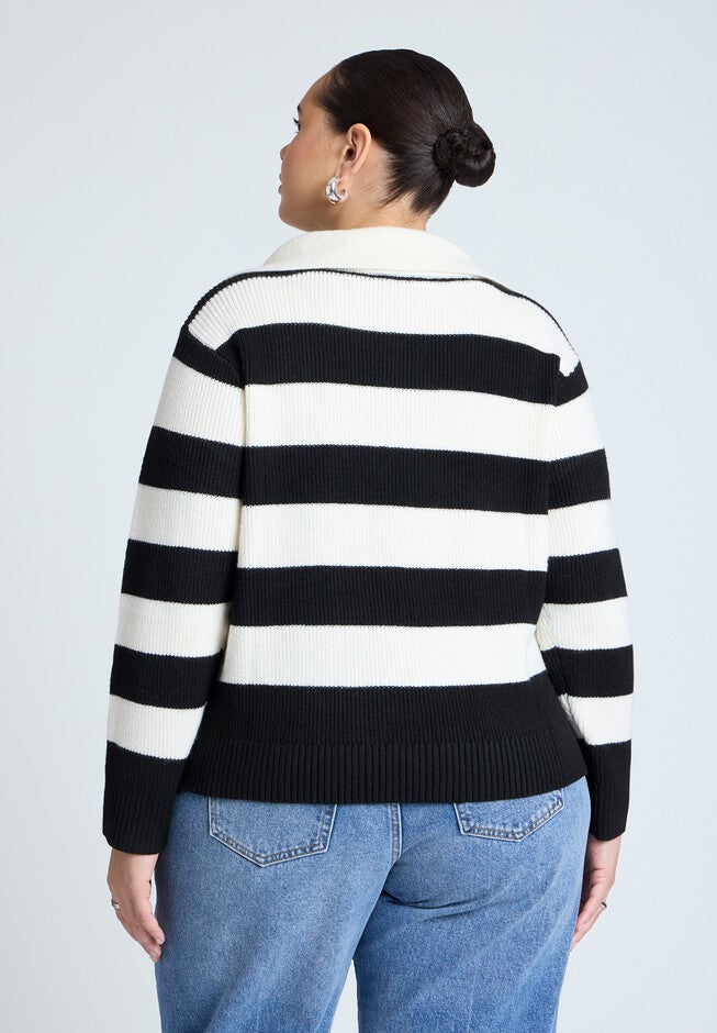 Striped Quarter Zip Sweater, BLACK WHITE, on-hover image number null