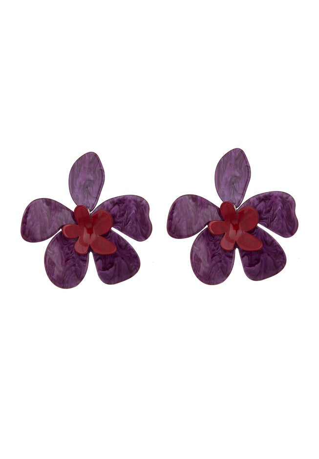 Oversized Resin Flower Post Earring, PLUM PURPLE + RASPBE, hi-res image number 0
