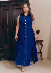 Fit & Flare Denim Dress with Pockets, Dark Wash | ELOQUII