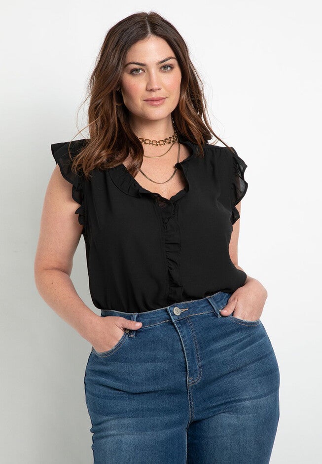 Ruffle Placket Shell, TOTALLY BLACK, hi-res image number null