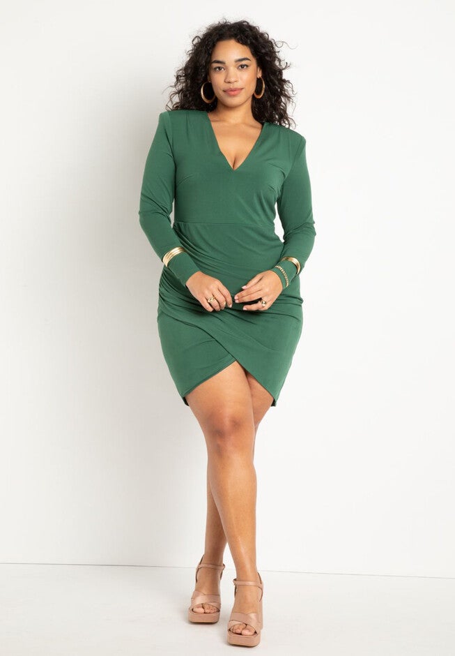 Wrap Skirt Strong Shoulder Dress, DARK GREEN, hi-res image number null