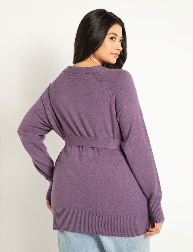 Relaxed Tunic Sweater With Belt, PURPLE, on-hover image number null