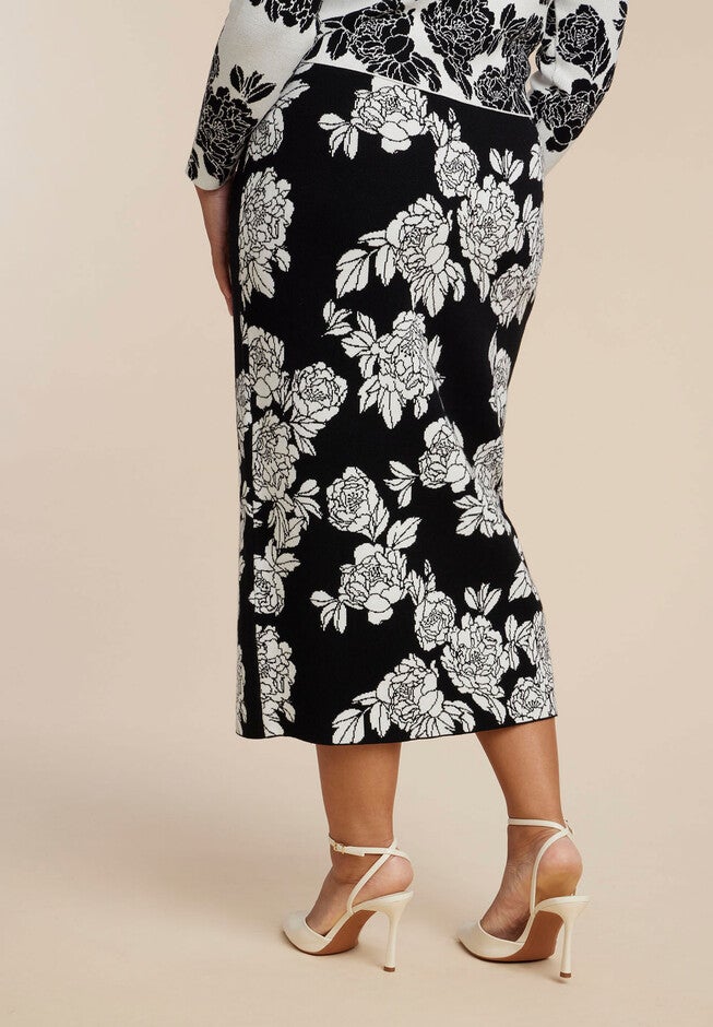 Floral Intarsia Sweater Skirt, BLACK WHITE FLORAL, alternate image number 2