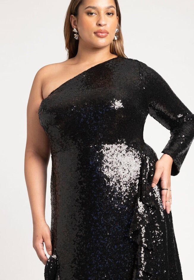 Sequin One Sleeve Maxi Dress With Slit, , alternate image number null