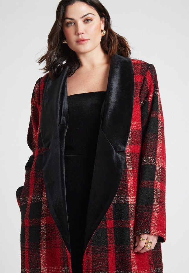 Longline Coat With Velvet Detail, , alternate image number null