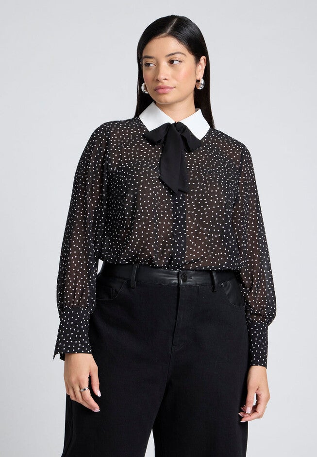 Polka Dot Collared Blouse, BLACK AND WHITE, hi-res image number null