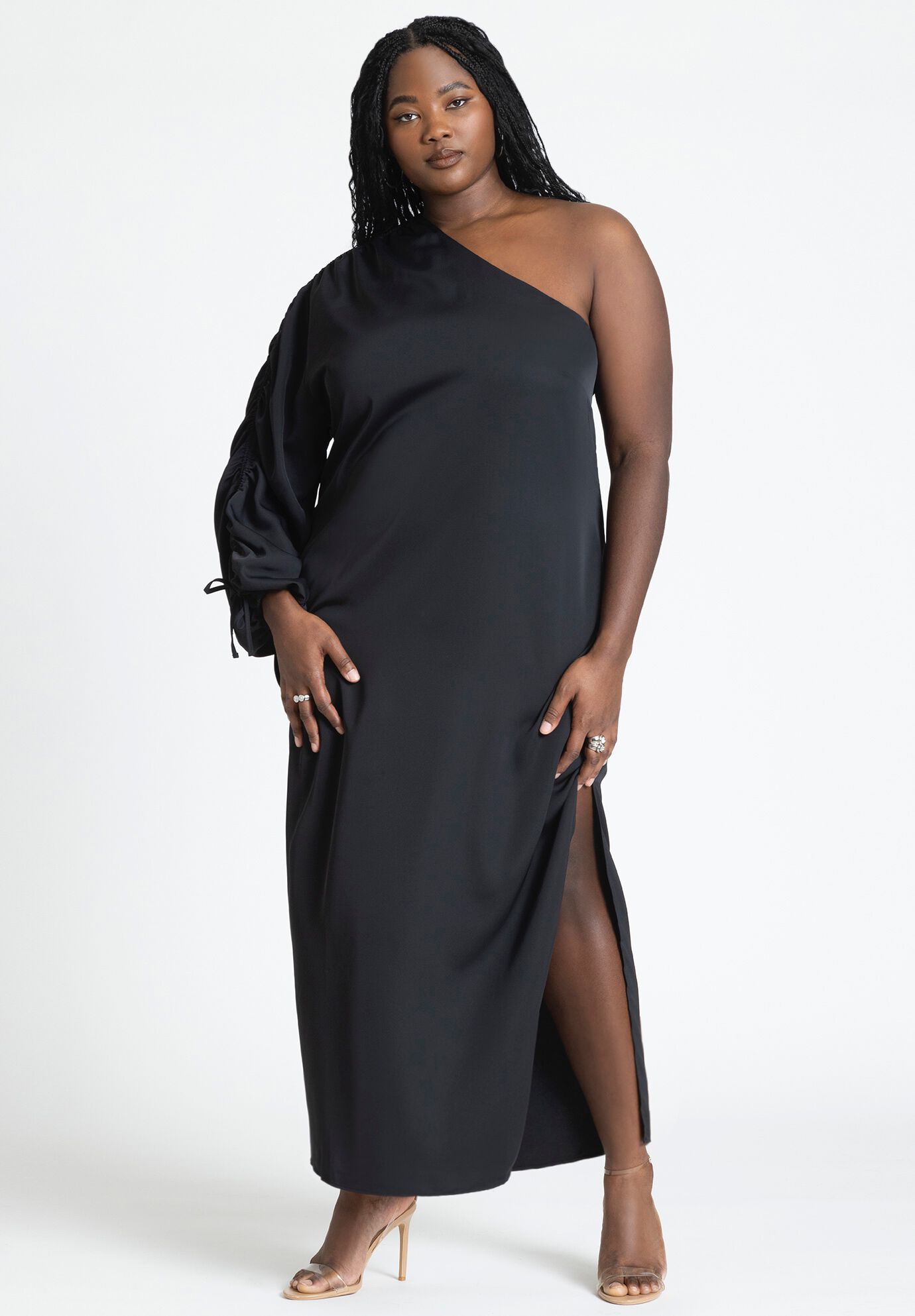 Gathered Sleeve Column Dress with Asymmetrical Neckline Black Onyx Eloquii