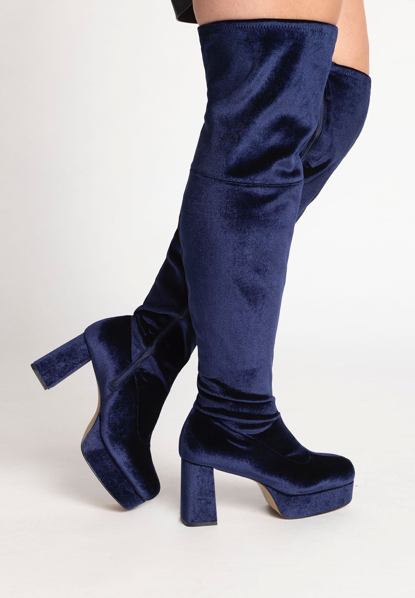 Blue velvet thigh high boots best sale