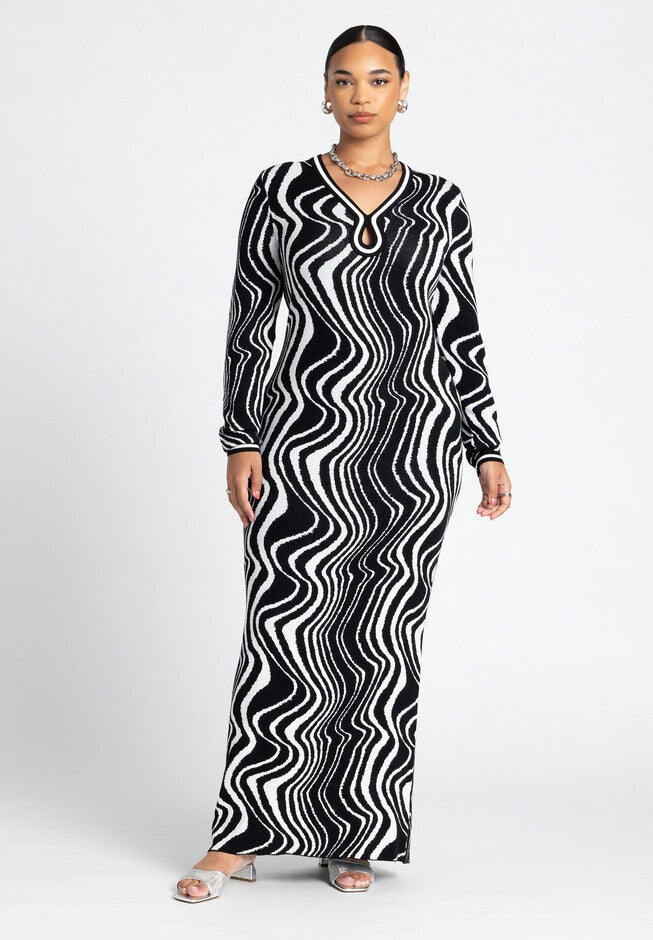 Long Sleeve Keyhole Intarsia Dress, BLURRED ZEBRA, hi-res image number null