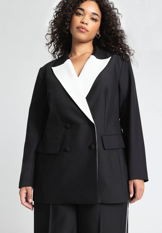 Cinched Blazer With Contrast Lapel, BLACK ONYX, hi-res image number null