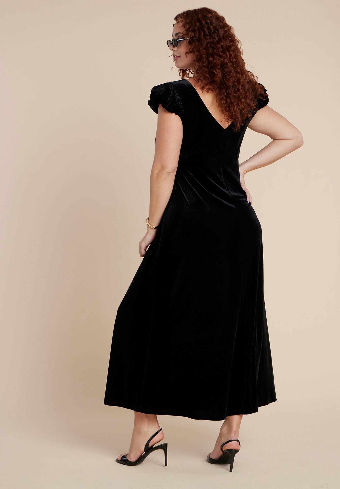  Velvet Short Puff Sleeve Maxi Dress, BLACK ONYX, on-hover image number 1