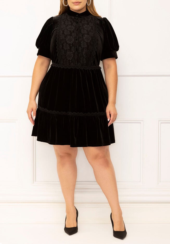 ELOQUII Elements Puff Sleeve Dress With Lace Inserts, , on-hover image number null