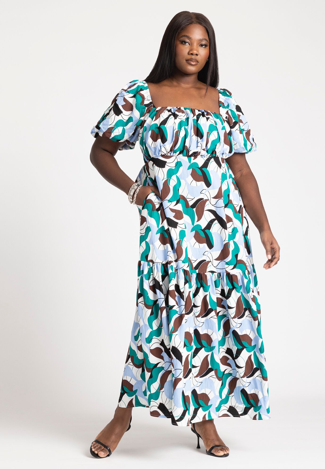 Plus Size Smocked Puff Sleeves Sleeves Pocketed Tiered Maxi Dress