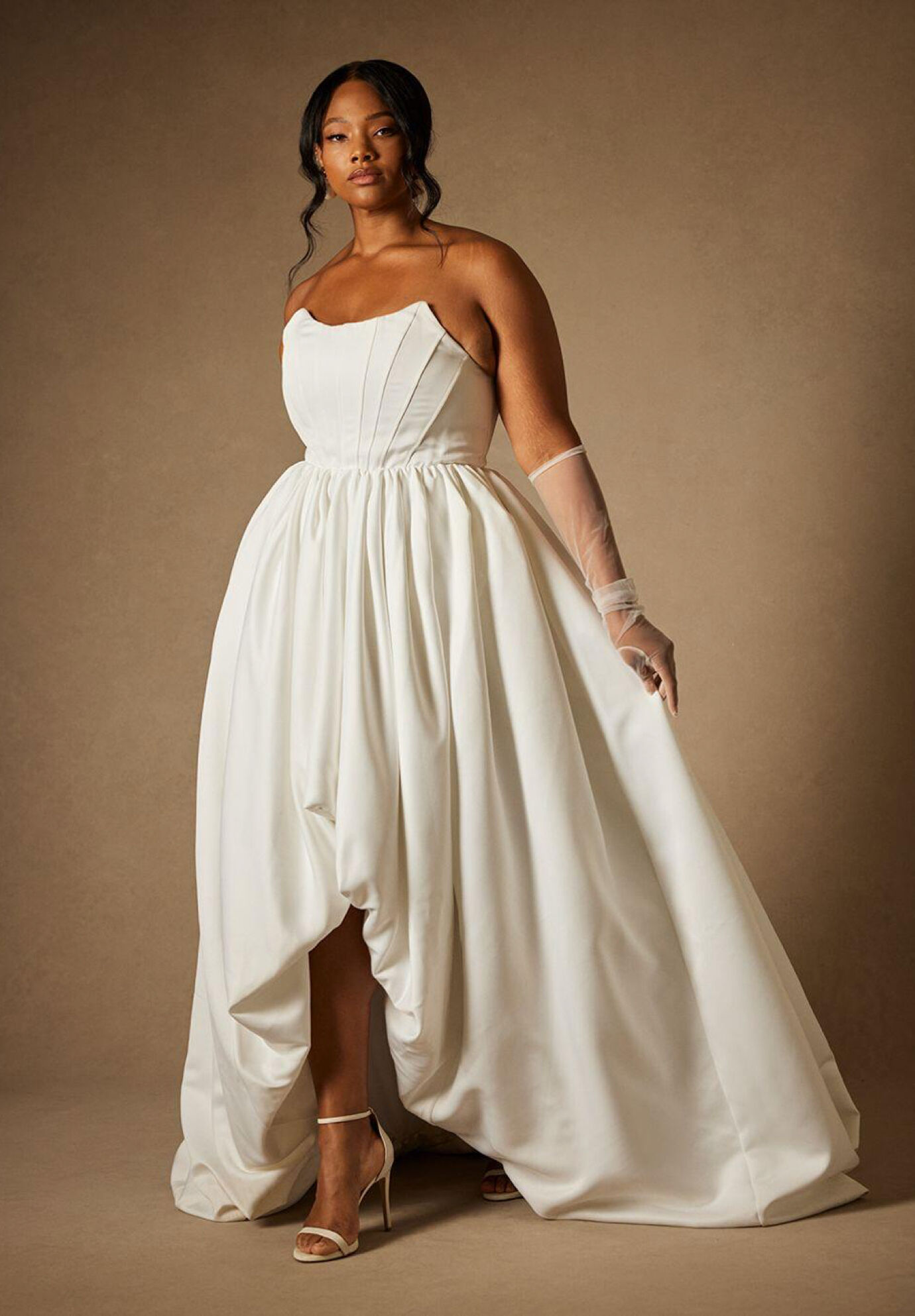 Plus Size Strapless Satin Bubble Dress Corset Waistline Fitted Gathered Mesh Pleated Back Zipper Pocketed High-Low-Hem Wedding Dress