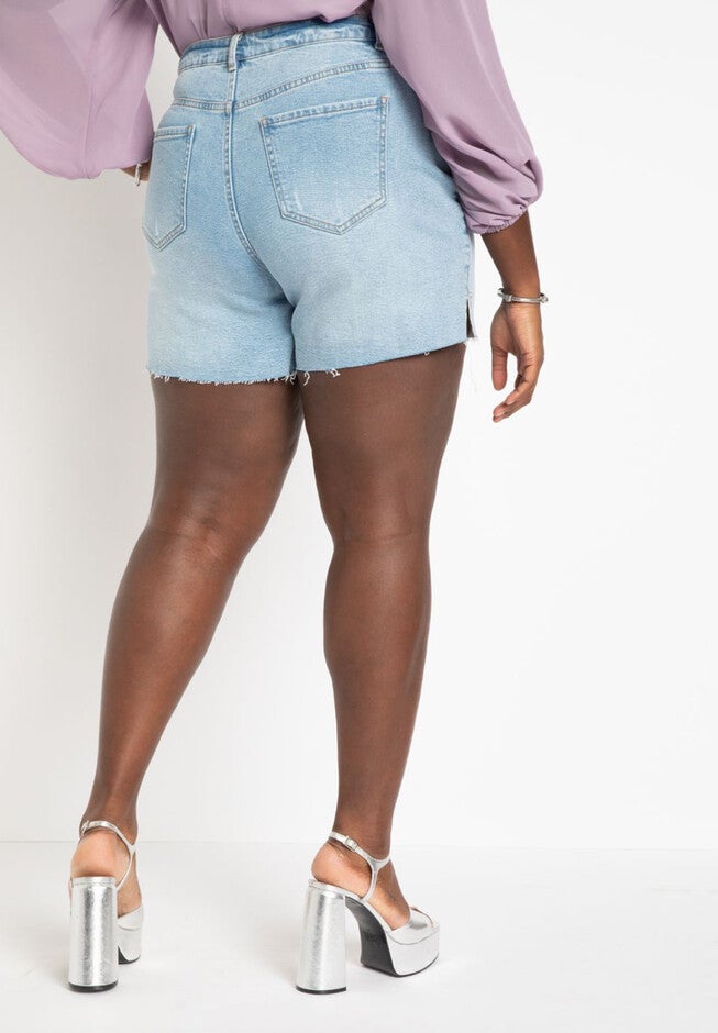 Distressed Split Hem Shorts, , on-hover image number null
