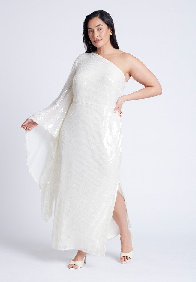 One Shoulder Dramatic Sleeve Dress, COCONUT MILK, hi-res image number null