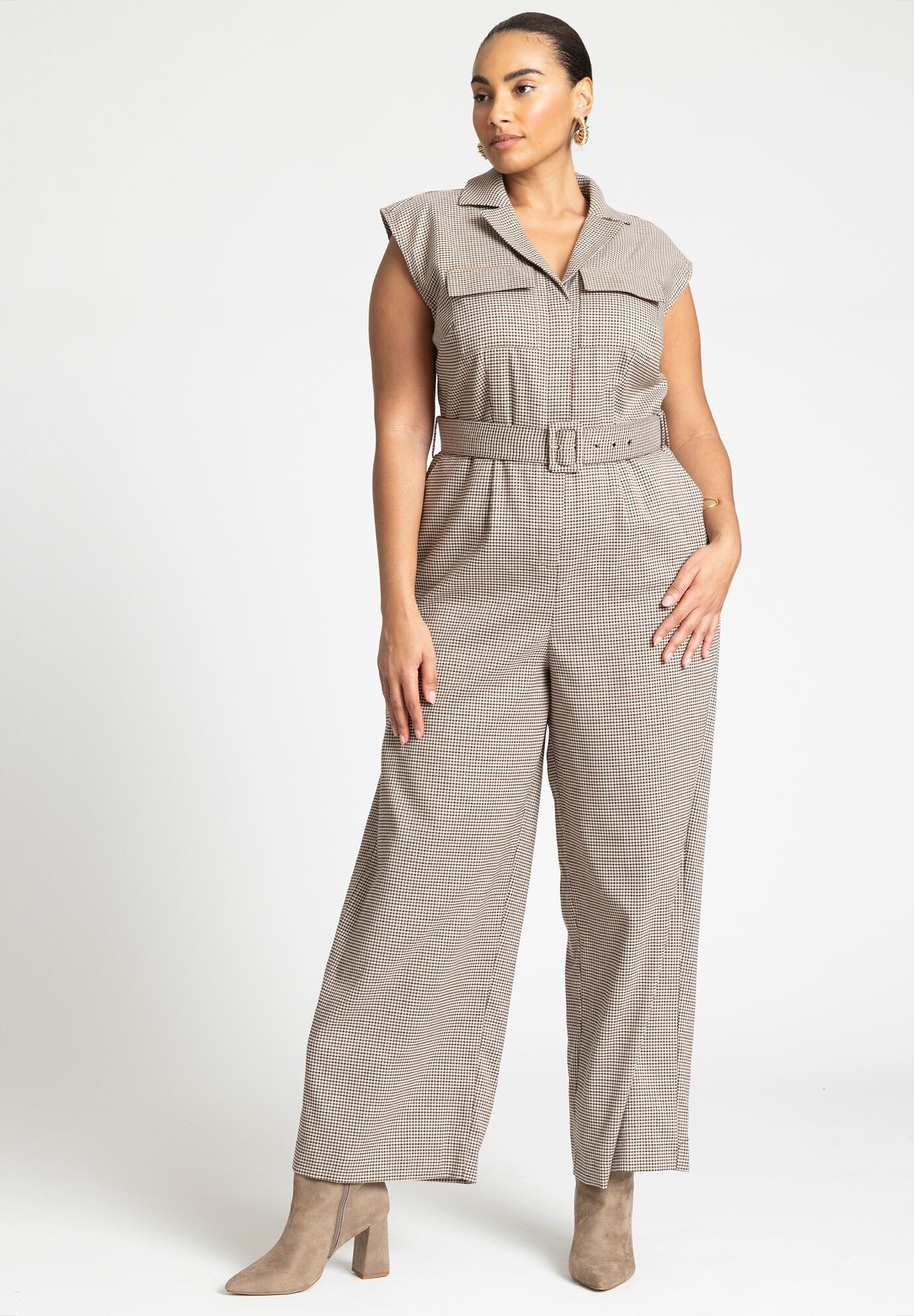 Plus Size Plaid Print Tie Waist Waistline Belted Floor Length Jumpsuit