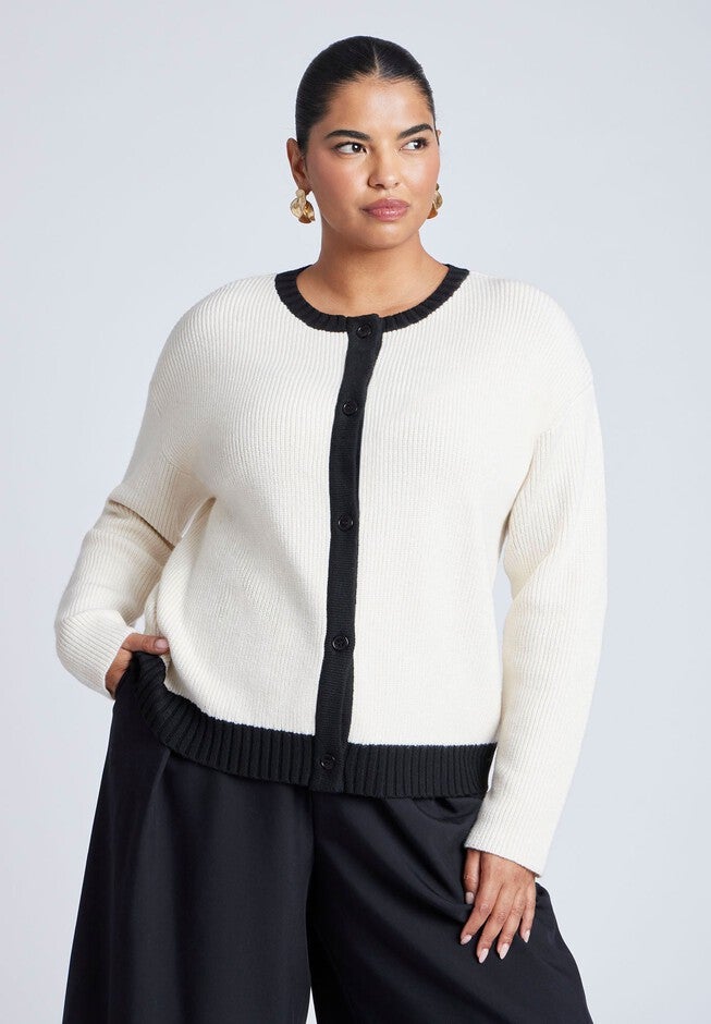 Women's Contrast Placket Cardigan - Long Sleeve, Cream And Black | ELOQUII
